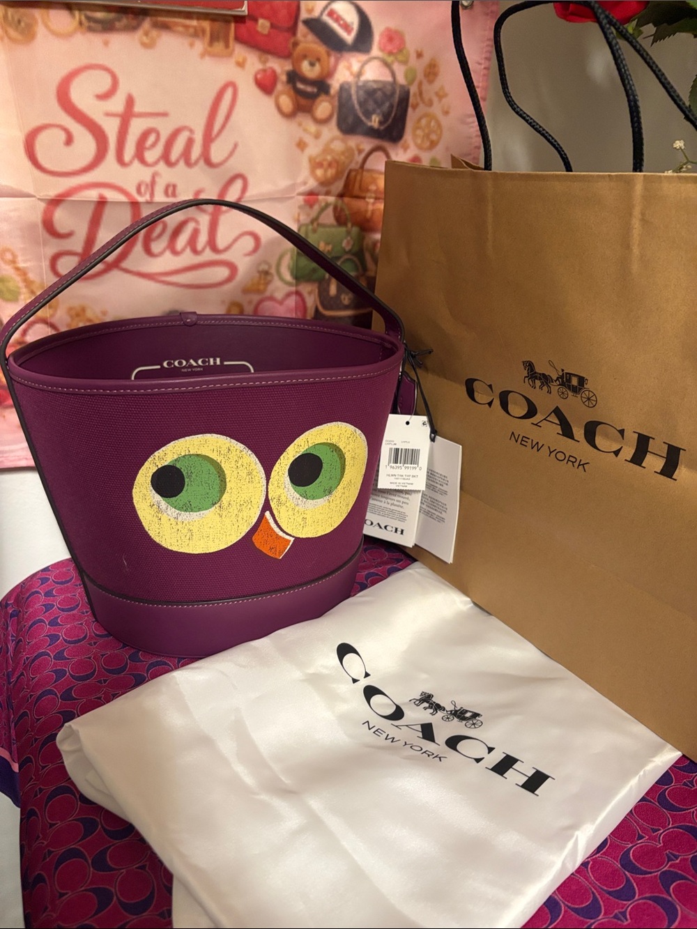 Coach Trick or Treat Bucket with Halloween Owl in plum new with tags & dust bag